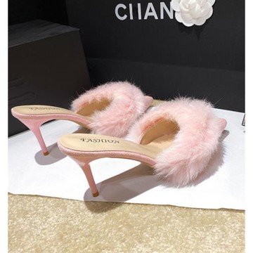 尖頭毛毛拖女網紅高跟鞋細跟時尚性感包頭涼鞋粉色公主鞋外穿半拖