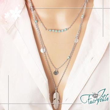 【伊飾童話】圓幣羽毛＊綠松石多層多墜項鍊/銀