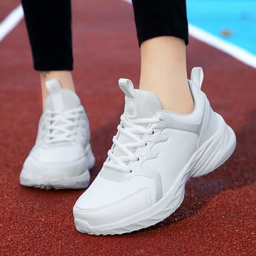 系帶平底女鞋小白鞋春季皮面防水運動鞋輕便學生跑步鞋休閑旅游鞋