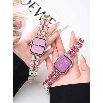 樂雨適用于iWatch9/10表帶蘋果手表apple watch8/7腕帶se金屬鏈式s9不銹鋼s10雙鏈小香風合金真皮Ultra2女款