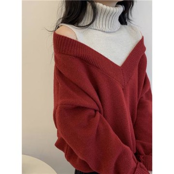 2025年秋冬裝新款女裝高級感長袖上衣慵懶風紅色毛衣高領拼色法式