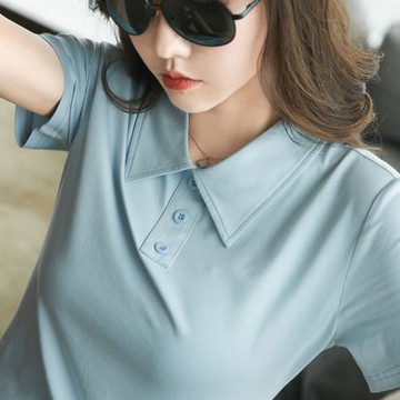 80支絲光棉純棉POLO領短袖t恤女翻領polo衫純色工作衣藍色正肩夏