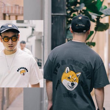 語罐頭日系重磅短袖T恤寬松大碼純棉可愛柴犬小狗黑白男純色情侶