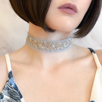 沉睡於真實之藍 / 藍色花卉圖騰印度繡花絲帶頸圈 SV610