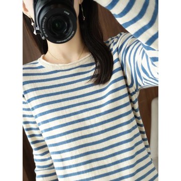 100%純棉秋季新款圓領條紋卷邊針織衫女純棉線長袖t恤寬松打底