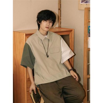 日系復古拼接撞色半袖Polo衫男女夏季青少年寬松工裝襯衣短袖t恤