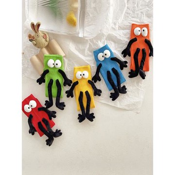 兒童牽手襪子女秋冬黑色煤球卡通純棉玩偶中筒襪ins潮寶寶長筒襪