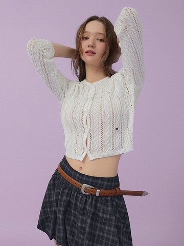 Scallop See-through Knit Cardigan [Beige]