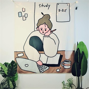 可愛少女背景布ins掛布手繪北歐風插畫墻布宿舍出租房改造裝飾布