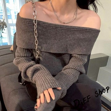 韓版氣質一字領露肩針織上衣【W629】