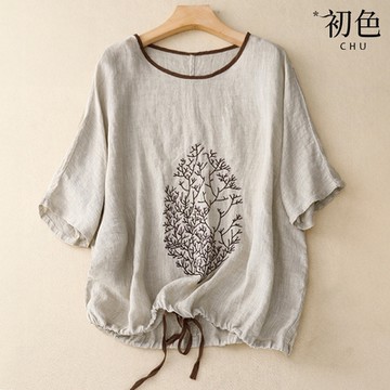 初色 復古風刺繡寬鬆拼接圓領短袖T恤上衣女上衣-共4色-36568(M-2XL可選)