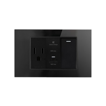 【易智快充】30W USB快充插座面板(AC+USB+LED開關)玻璃黑
