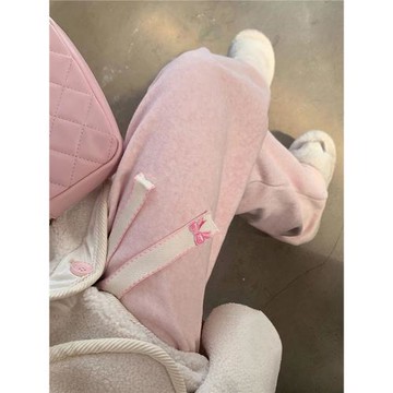 粉色加絨闊腿褲女秋冬季加厚軟糯直筒寬松糯米褲小個子運動休閑褲