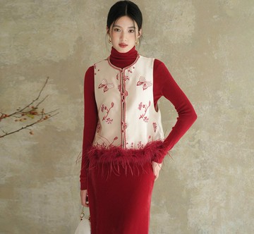 【納福紅裳】新中式復古風 刺繡駝鳥毛背心/上衣/半裙