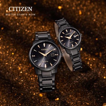 CITIZEN 星辰 銀河黑金限定 愛戀情人 光動能不鏽鋼對錶/ 黑x黑( BM7595-89E+EW2595-81E )