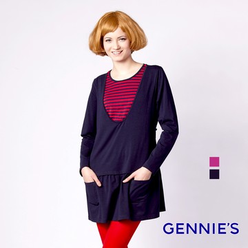 Gennies奇妮 青春洋溢秋冬哺乳長版上衣-藍/紫(GN035)