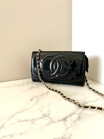 Chanel 黑色漆皮皮革連鏡子斜背包 單肩包 側背包 中古包 古董包