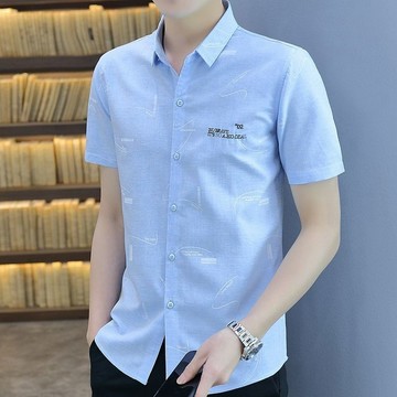 男裝夏季新款短袖襯衫男士韓版修身潮流帥氣高檔印花寸衫休閒男裝襯衣