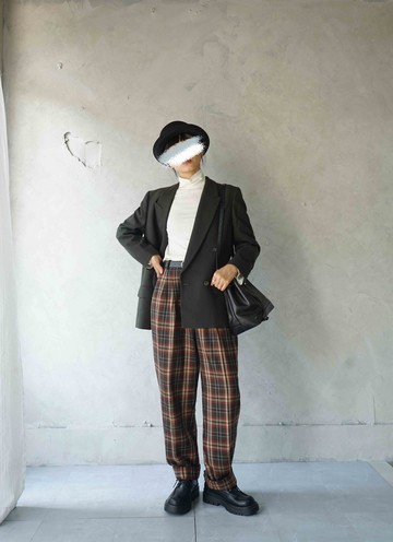 尋寶古著-DAKS英倫學院綠格紋毛料打褶復古老爺褲