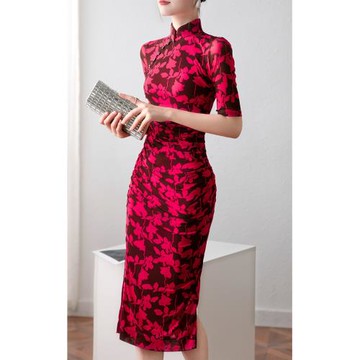 kjmj 高級感連衣裙2024復古國風旗袍改良網紗印花顯瘦彈力包臀裙