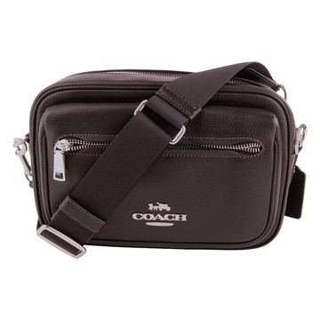 COACH- Elias 銀馬車荔枝皮革拉鍊斜背方包(素面黑)