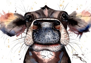 牛水彩原創動物畫 8x11 Anne Gorywine 手工製作