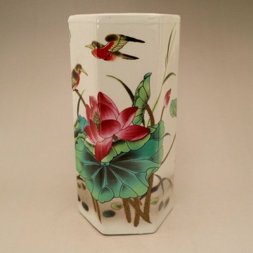 古玩陶瓷器收藏粉彩花鳥圖紋六方筆筒文房用品家居擺件擺設工藝品