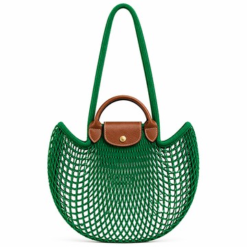 LONGCHAMP LE PLIAGE FILET系列網狀棉質手提/肩背兩用包(大/草綠）
