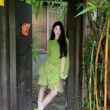 🎇夏季爆款🎇 綠色圓領長袖針織開衫上衣女2026春夏季碎花寬鬆顯瘦半身裙兩件套