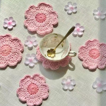 💫臺灣直出💫成品毛線手工編織杯墊針織鉤針櫻花盃墊咖啡杯墊隔熱墊餐墊可愛粉