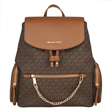 MICHAEL KORS 金字前鍊條撞色防刮皮革後背包(咖x駝)