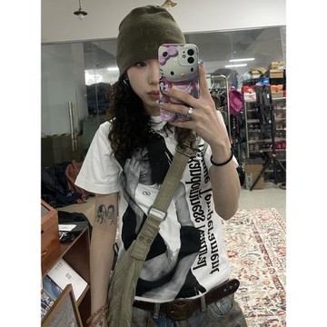 MMBBT美式復古人物字母印花短袖t恤女夏季新款潮白色正肩圓領上衣