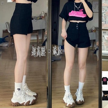 高腰黑色牛仔短褲/彈力褲/百搭褲子/直筒A字褲/顯瘦/高腰/熱褲/中大尺碼a字闊腿褲
