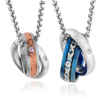 項鍊．幸福相戀．雙圈．白鋼．藍色/玫金