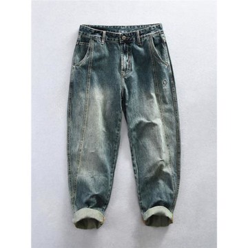 秋季新款美式復古牛仔褲男士帥氣水洗流行寬松休閑潮流百搭工裝褲