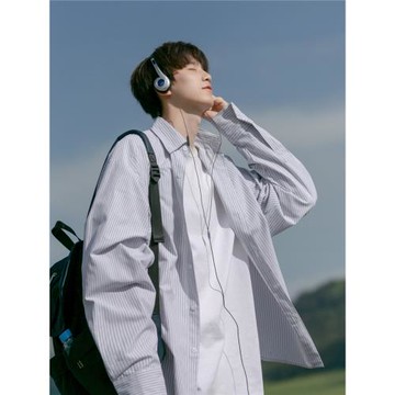 日系條紋襯衫男長袖春秋新款寬松休閑襯衣潮牌ins百搭學院風外套