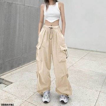 設計感高街工裝褲女寬鬆直筒闊腿大口袋休閒復古束腳褲潮