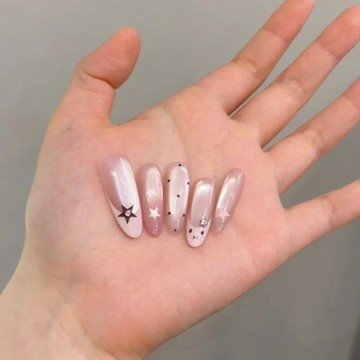 💗Yuki Nail💗純欲千金裸粉玻璃珠貓眼穿戴甲純手工塗鴉星星法式米菲兔美甲貼片