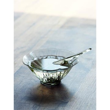 仿宋花瓣玻璃碗耐高溫中式帶勺透明宋茶碗干泡茶碗甜品綠茶泡茶碗