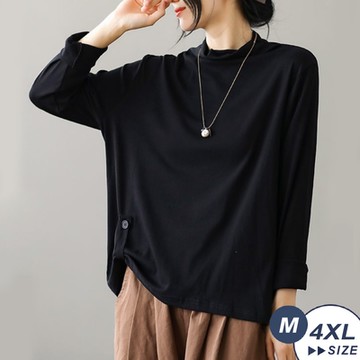 【LANNI 藍尼】現+預 復古鈕扣寬鬆修身打底薄款長袖T恤(半高領/復古風/簡約百搭)