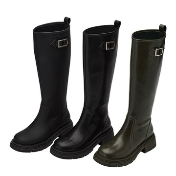 【Grace Gift】靴子 長靴 厚底靴【極簡方釦圓頭厚底長靴】3色 35-40號