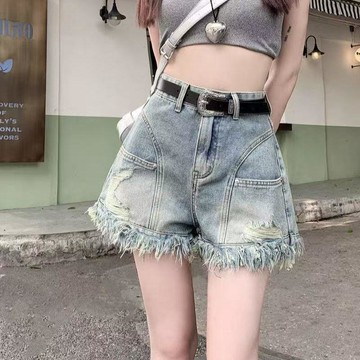 【復古破洞設計】牛仔短褲 女裝 美式復古 毛邊流蘇 高腰 A字 熱褲 小眾設計感 女夏 短褲 高腰短褲 牛仔短褲女