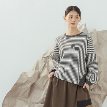 【MOSS CLUB】可愛聖誕兔兔繡花彈性條紋長袖上衣 灰 黃