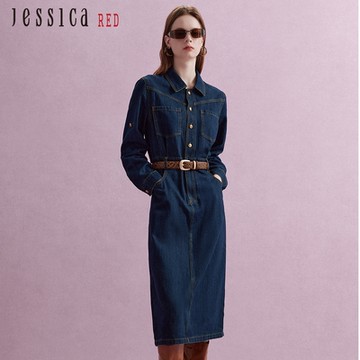 JESSICA RED - 百搭率性翻領皮帶造型棉質長袖牛仔洋裝R44704