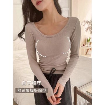 低領保暖衣加絨帶胸墊內衣文胸一體打底衫女士秋冬季內搭v領上衣