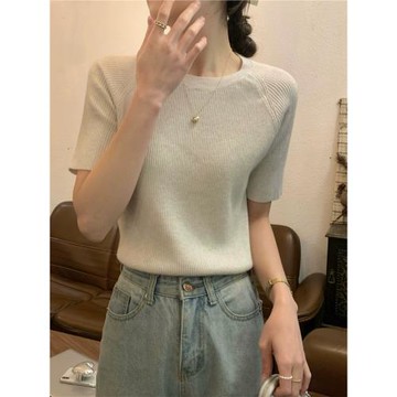 春夏季短袖坑條針織T恤女泫雅修身氣質打底圓領基礎百搭短款上衣
