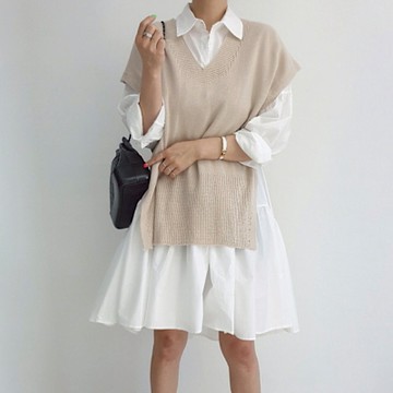 MOCO韓版chic甜美百搭翻領排扣燈籠袖層次裙擺連身裙襯衫洋裝