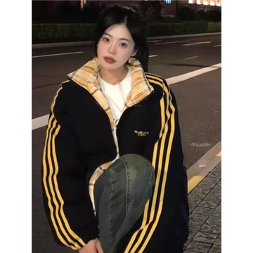美式復古短款撞色格子羽絨服女冬季三條杠立領外套加厚潮牌面包服