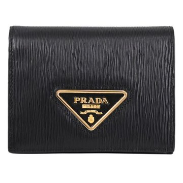 PRADA 金屬三角標誌LOGO水波紋皮革對開扣式零錢短夾(黑)