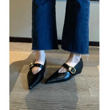 羊皮版！法式氣質單鞋女粗跟皮帶扣時尚尖頭淺口一字帶瑪麗珍鞋